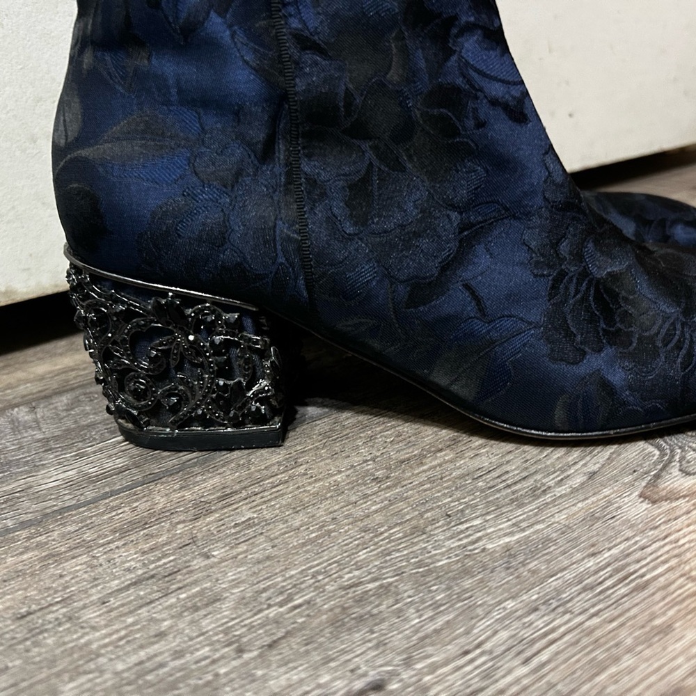 Badgley Mischka Martha Brocade jeweled block heel Blue & black floral bootie - Picture 2 of 11